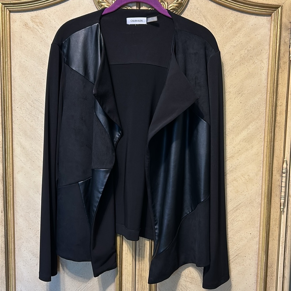 Calvin Klein Black Faux Leather & Suede Draped Open Front Waterfall Jacket M/L